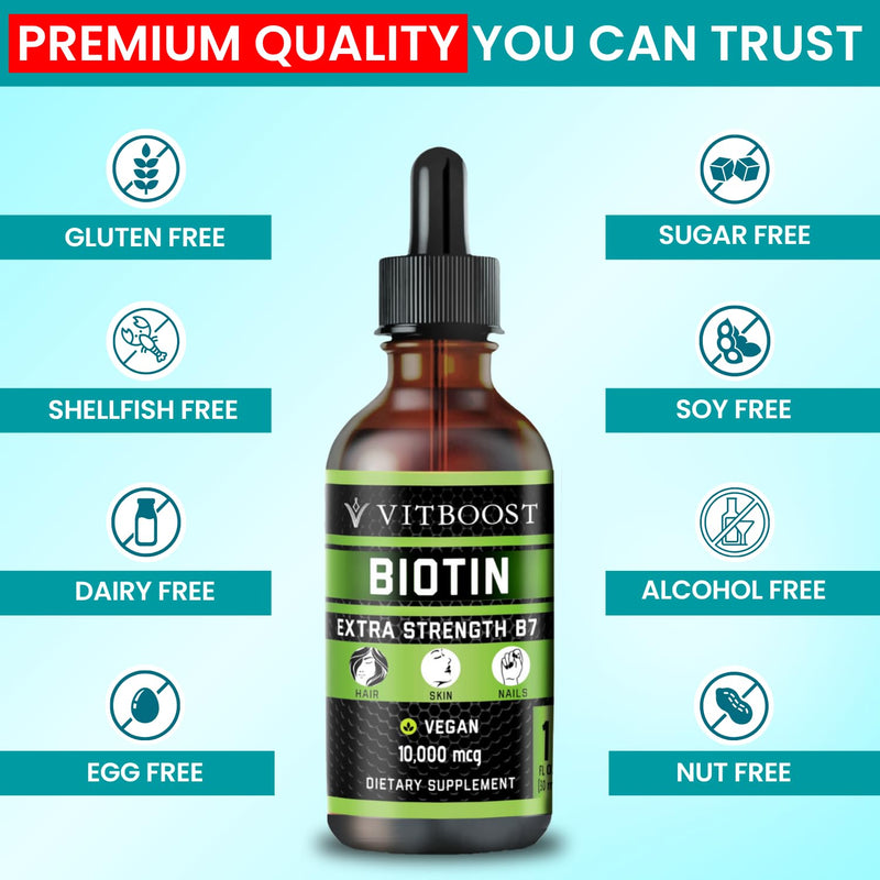 VITBOOST Liquid Biotin Drops 10,000mcg with Extra Strength - 60 Servings | Biotin Liquid for Hair Growth for Women & Men, Vegan Formula Supports Strong Nails and Healthy Skin