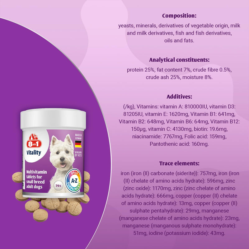 Small Breed Dog Multivitamins Nutritional Supplement - 12 multivitamins and essential minerals - 70 tablets - for active lifestyle and immunity
