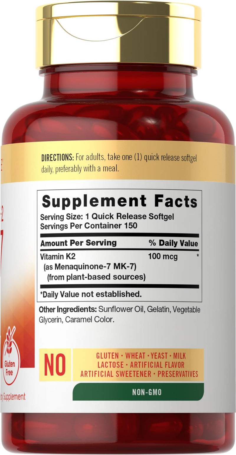 Carlyle Vitamin K2 MK7 100 mcg | 150 Softgels | Bioactive Trans-Form MK7 | Non-GMO & Gluten Free Supplement