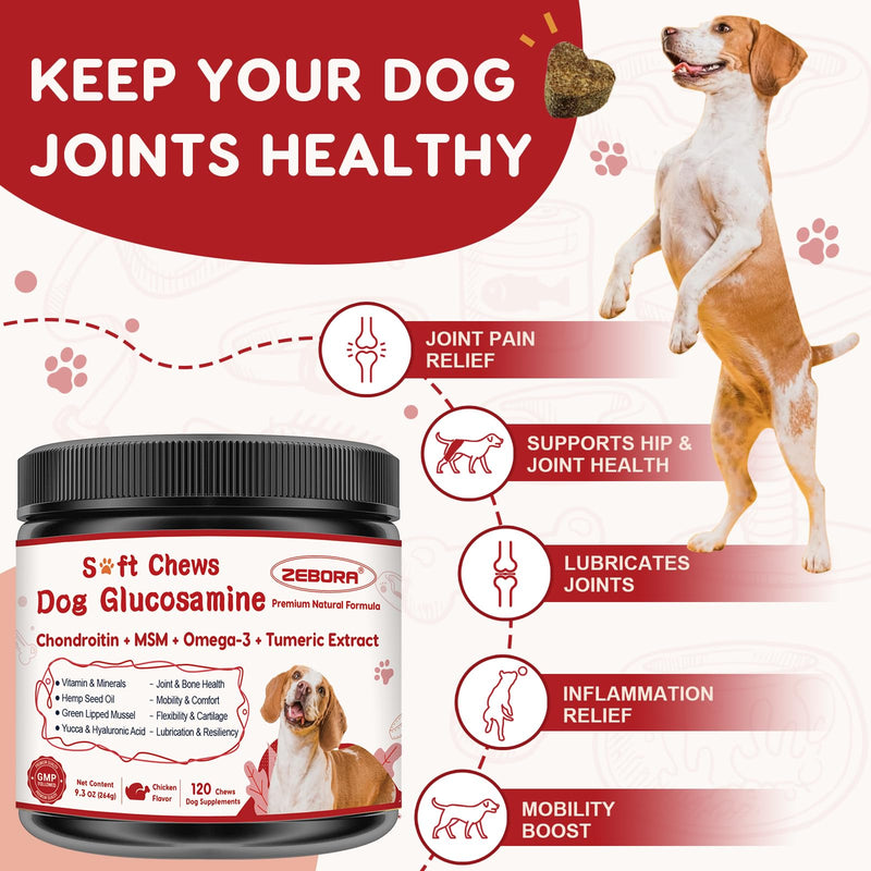 Glucosamine for Dogs, Joint Supplement for Dogs with Chondroitin, MSM, Omega-3, Turmeric and Vitamins for Pain Relief, Dog Joint Supplement with Calcium and Phosphorus for Bone Health, 120 Soft Chews 120 count
