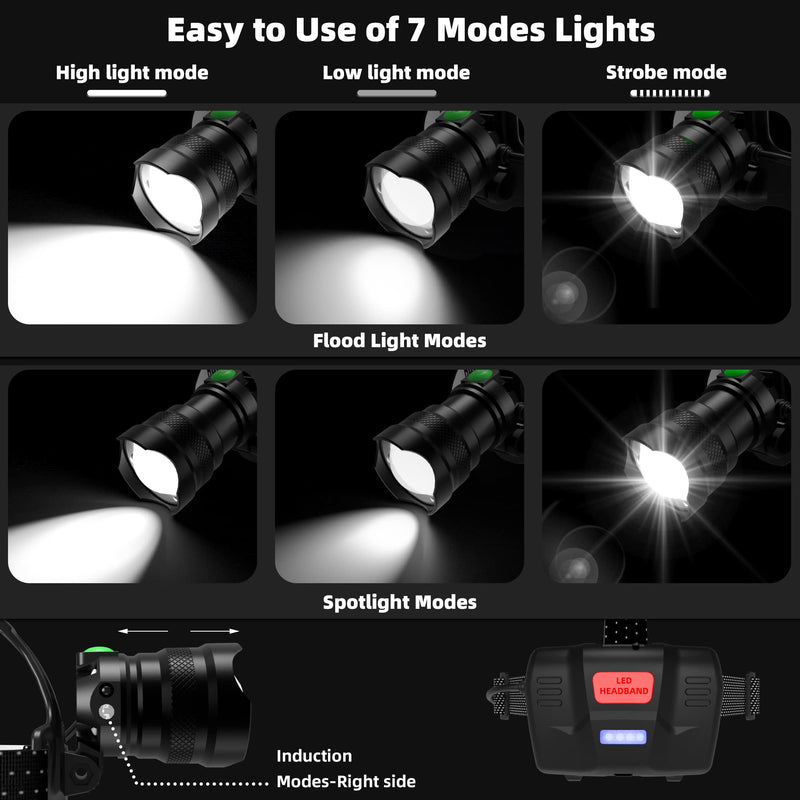 High Lumens Headlamp Induction Function, 7 Modes 50h Long Lasting Battery Life Head Lamp, IP67 Waterproof Zoom LED Headlamp, 90°Angle Adjustable for Outdoor Indoor Camping Running Hunting Car Repair Green-1pcs