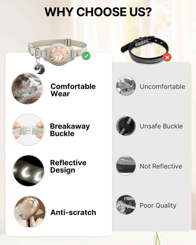 Cat Collar with Airtag Holder, Breakaway Airtag Cat Collar for Apple Air Tag with Luminous & Reflective Pattern, Waterproof GPS Cat Tracker Collars for Boy Girl Cats Kittens with Bell, Khaki (6-12") - BeesActive Australia