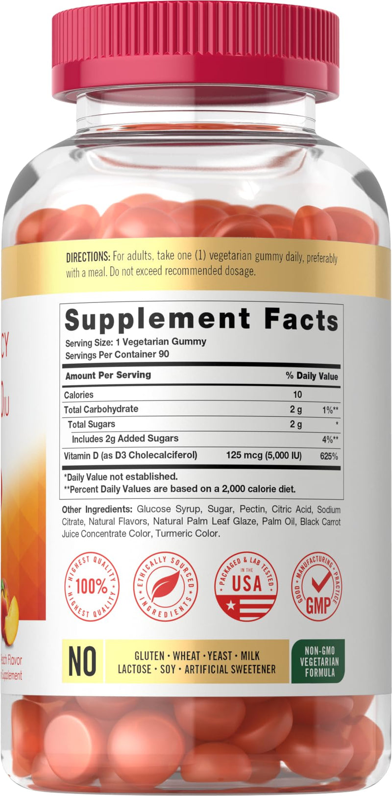 Carlyle Vitamin D3 Gummies 5000 IU (125 mcg) | 90 Count | Peach Flavor | Vegetarian, Non-GMO, Gluten Free Supplement 90 Count (Pack of 1)