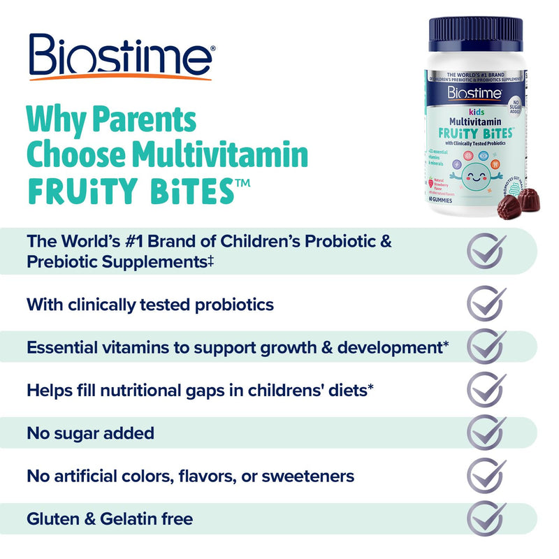 Biostime Kids Multivitamin Gummies with Probiotics & 11 Essential Vitamins (Ages 4+) | Multivitamin for Kids | No Added Sugar Fruity Bites | Free from Top 9 Allergens | 50 Count