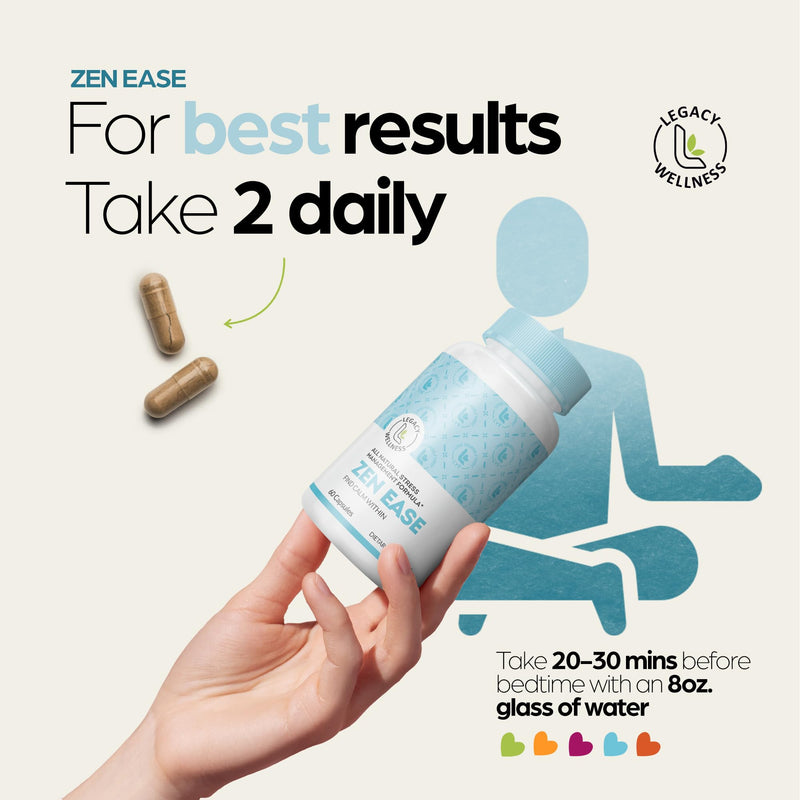 Legacy Wellness ZEN EASE Calm Mind Supplement - Natural Vegan Formula - 5-HTP, Ashwagandha, St. John's Wort, L-Theanine, Magnesium, B-Vitamins - Capsules To Promote A Good Feeling of Peace