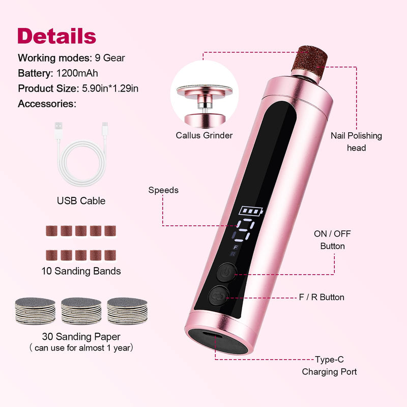 Rechargeable Callus Remover for Feet: Electric 2-in-1 Pedicure Tools - Foot File Grinder LCD Display 9 Adjustable Speeds 2 Sanding Heads 30 Sanding Paper Rose Rechargeable - BeesActive Australia
