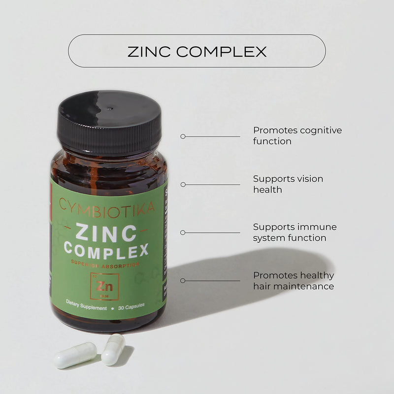 CYMBIOTIKA Zinc Complex, High Absorption Zinc Supplement with Copper, Including Zinc Picolinate, Zinc Monomethione, & Sucrosomial Zinc, Powerful Immune System Booster for Adults, Non-GMO, 30 Capsules - BeesActive Australia