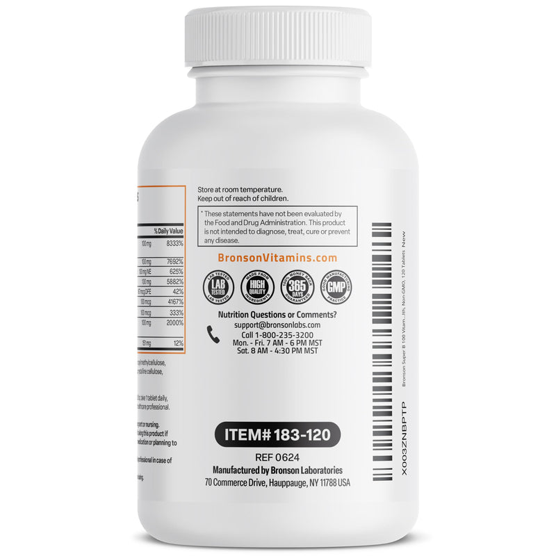 Bronson Super B100 Vitamin B Complex Sustained Release, 120 Tablets | B1, B2, B3, B6, Folic Acid, B12, Biotin & Pantothenic Acid, Energy & Nerve Support, Non-GMO, Gluten-Free & Soy-Free Unflavored 120 Count (Pack of 1)