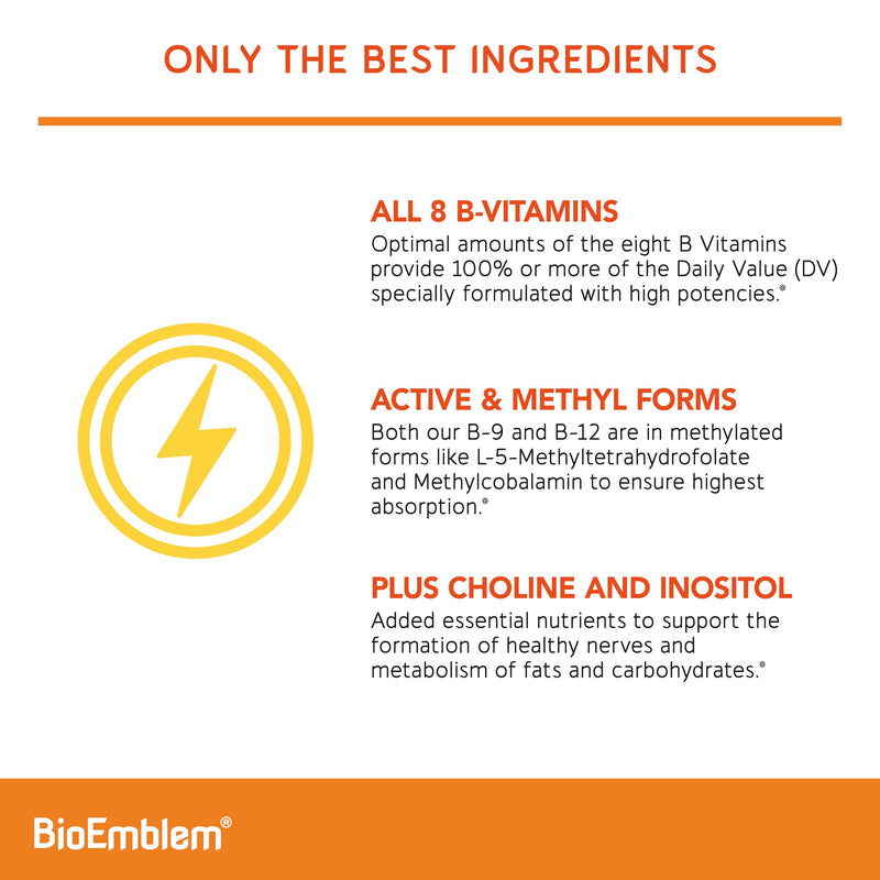 BioEmblem Vitamin B-Complex, 8 Active Forms Including Methyl, 270 Capsules | Methyl Folate, Methyl B12, B6, Biotin, Choline & Inositol - Supports Energy Metabolism, Brain, Heart & Nerves System Health 3pack_90 Capsule