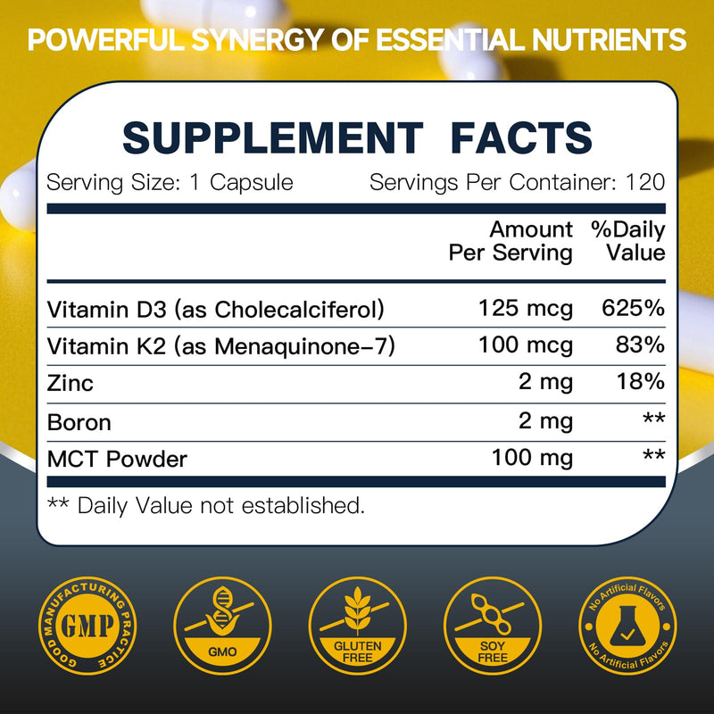DRFOSTER Vitamin D3 K2 5000 IU with Zinc & Boron, 120 Vegan Capsules | 125mcg D3 and 100mcg K2 (MK7) with MCT, Bone Strength, Heart, and Immune Support, Non-GMO and Gluten Free 120 count（120 Servings）