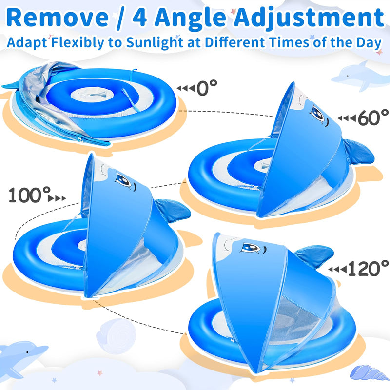 Dolphin Baby Float with Canopy for Age 6-36 Months UPF 50+ Sun Protection Never Flip Over Dual Air Chambers Adjustable Safety Seat 4 Stage Adjustable Canopy Inflatable Swim Pool Float Toddler Infant blue