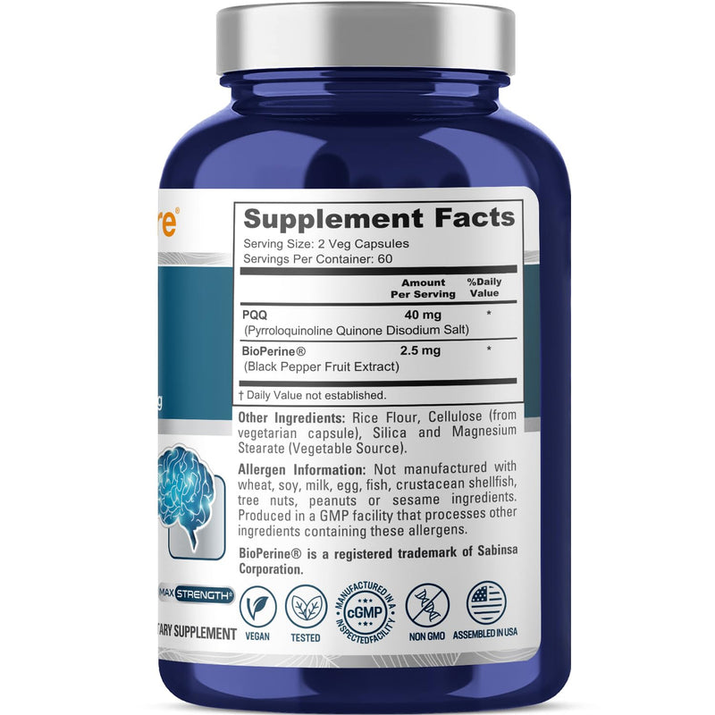 NusaPure PQQ Supplement 40 mg, 120 Veggie Capsules, Non-GMO, Pyrroloquinoline Quinone Disodium Salt, Bioperine 120 Count (Pack of 1)