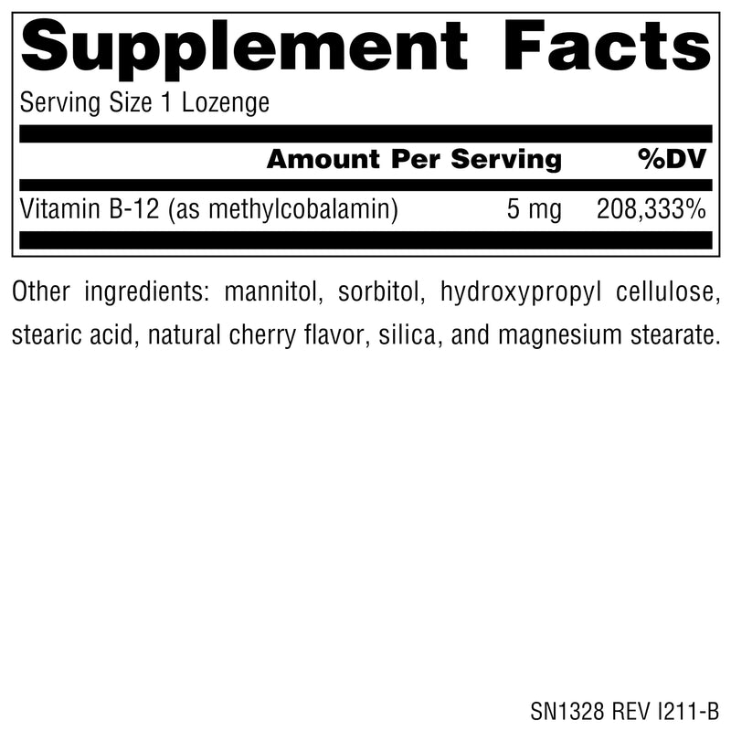 Source Naturals Methylcobalamin Vitamin B12, 5 mg - 30 Lozenges | Cherry Flavored | Nerve Support | Energy Support* 30 Count (Pack of 1)
