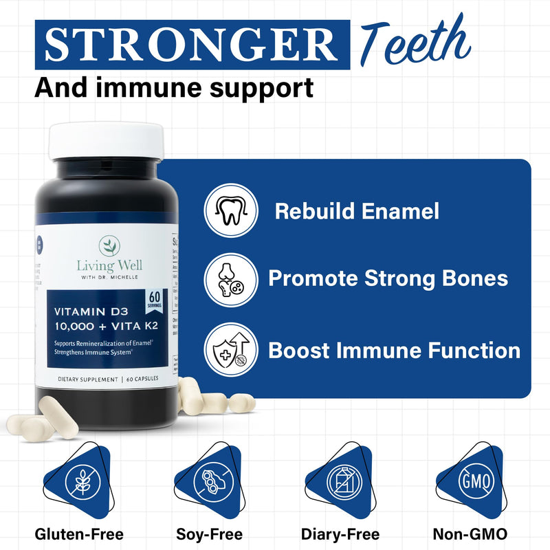 Living Well Dr. Michelle Vitamin D3 10,000 IU with K2, 60 Capsules | Supports Immune, Bone and Teeth Health - Non-GMO, Gluten-Free, Dairy-Free, 60-Day Supply
