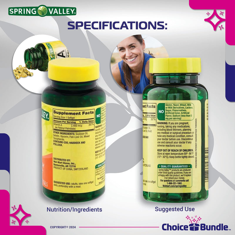 Spring Valley Vitamin A Softgels, 2400 mcg 2Pk Choice Bundle (500 Total) + Vitamin Vitality Guide and Pill Container (4 Items)! 250 Count (Pack of 2) - BeesActive Australia