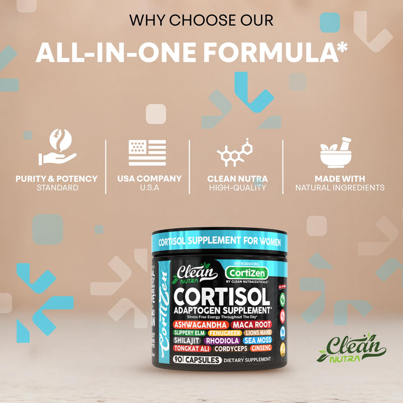 Clean Nutra Cortisol Supplements For Women | Maca Root Ashwagandha Cortisol Detox Manager Reducer + Slippery Elm Fenugreek Lions Mane Shilajit Rhodiola Sea Moss Tongkat Ali Cordyceps Ginseng Beet Root 1