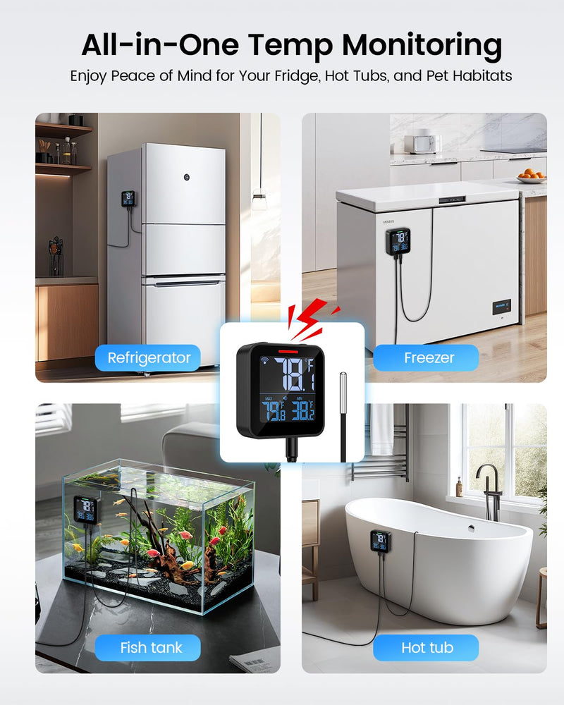 WiFi Refrigerator Thermometer with Freezer Alarm, Digital Fridge Temperature with App Alert, Loud Buzzer & Indicator Alarm, 1-Year Data Export, Freezer Monitor for Kitchen Fish Tank Hot Tub - BeesActive Australia