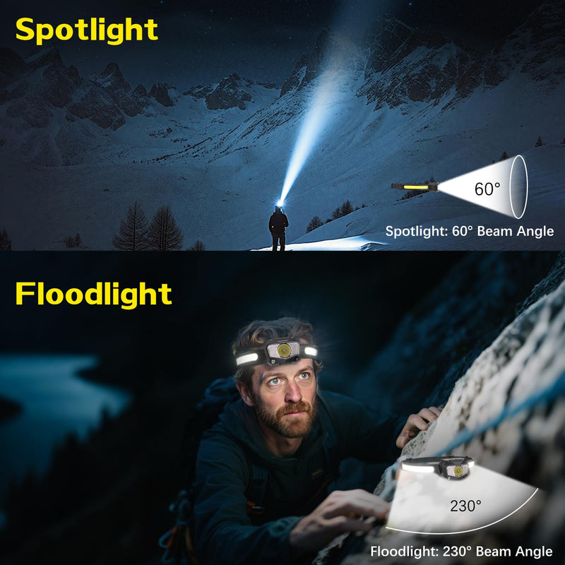 Headlamp Rechargeable 3Pack, 230°Wide Beam COB & 60° Super Birght LED Head Lamp with White Red Light, 7Mode Head Lights for Forehead with Motion Sensor, Headlamps for Adults Camping Running Hiking 3 Pack