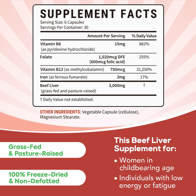 Grass-Fed & Pasture-Raised Beef Liver Plus, 3000 mg, Vitamin B6, B9, B12, Iron, No Hormone, Non-GMO, Non-Defatted, Freeze-Dried Liver Health Supplement, 180 Caps