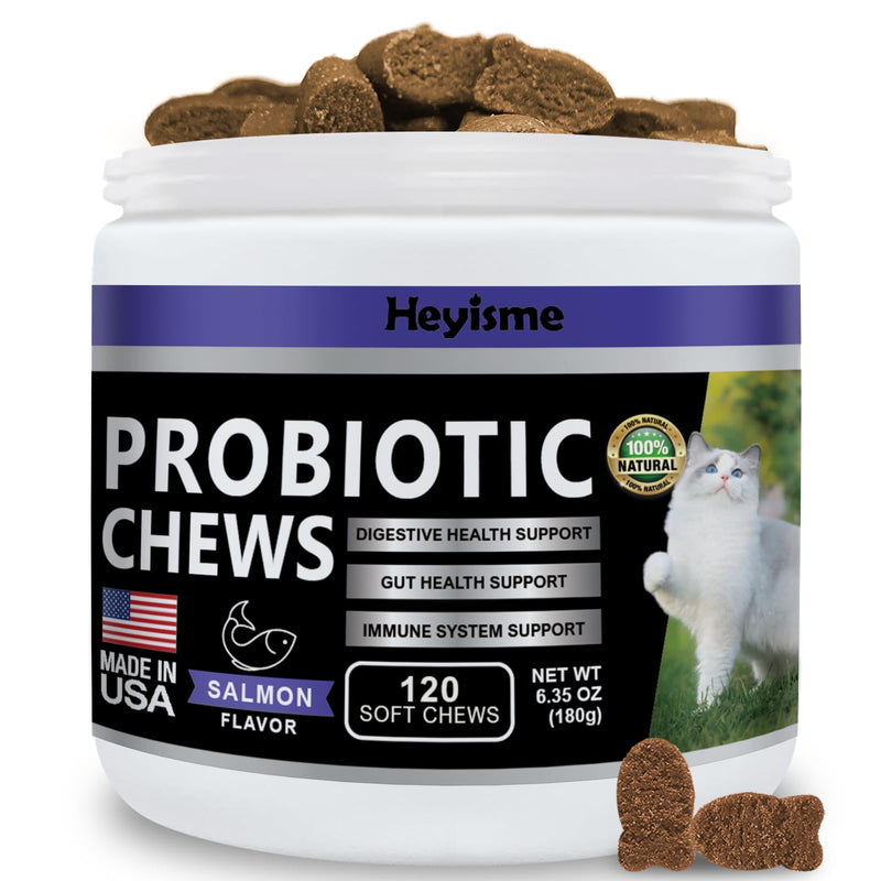 Cat Probiotic, Chews for Gut and Immune Health, Cats Probiotic Supplement for Cat Digestive Support, Healthy Digestion, Cat Constipation and Diarrhea Relief (120 Pills, Salmon) 120 Pills