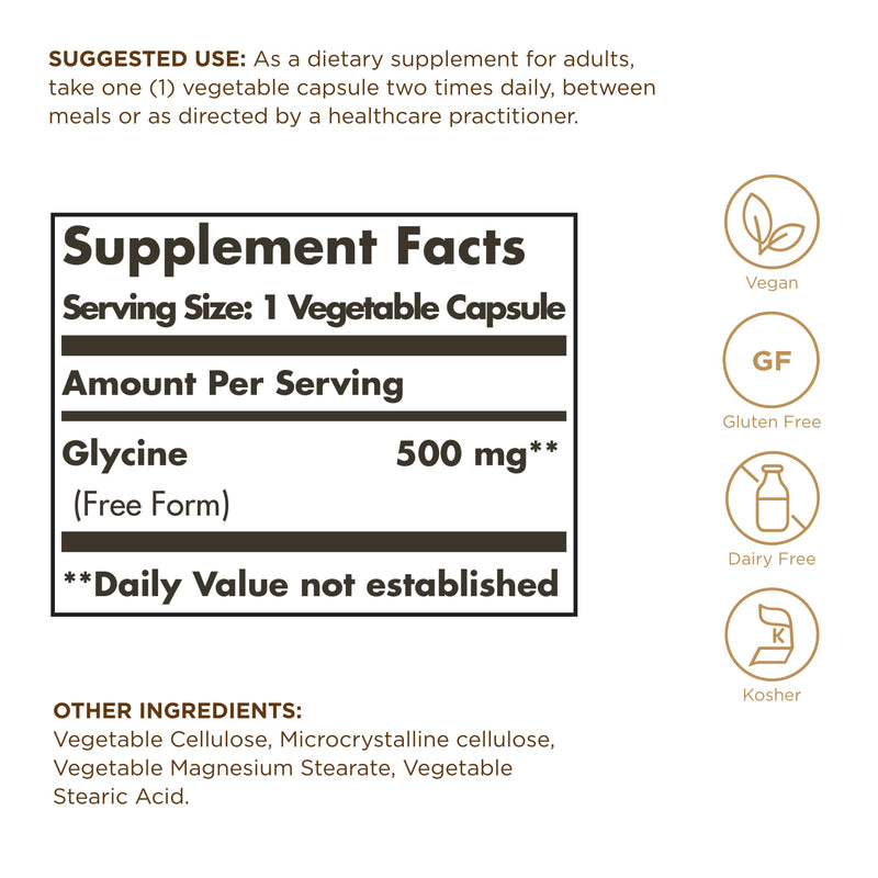 Solgar Glycine 500 mg - 100 Vegetable Capsules - Non-GMO, Vegan, Gluten Free, Dairy Free, Kosher - 100 Servings