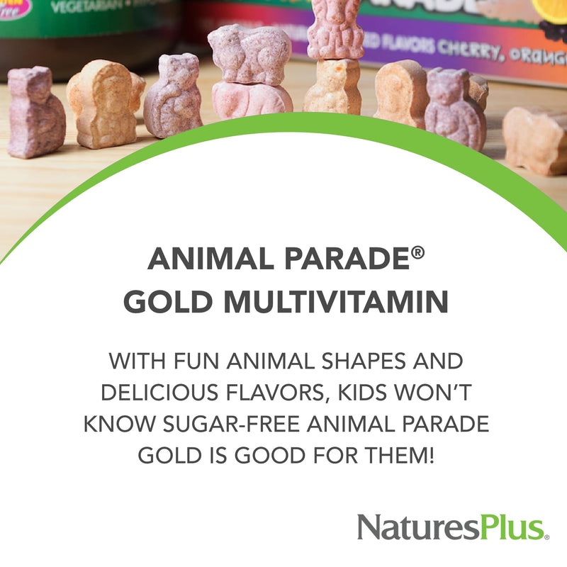NaturesPlus Animal Parade Gold Children's Multivitamin - Assorted Cherry, Orange & Grape Flavors - 60 Chewable Tablets, Pack of 2 - Vegetarian, Gluten Free - 60 Total Servings 60 Count (Pack of 2)