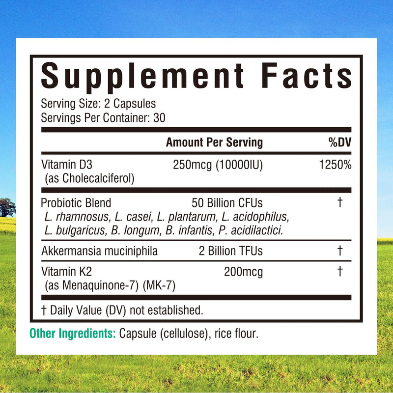 Innate Vitality D3 K2 Vitamin 10000IU + Probiotics, Akkermansia Muciniphila | Bone, Immune, Digestive & Heart Support, Non-GMO, No Soy or Gluten, 60 Capsules