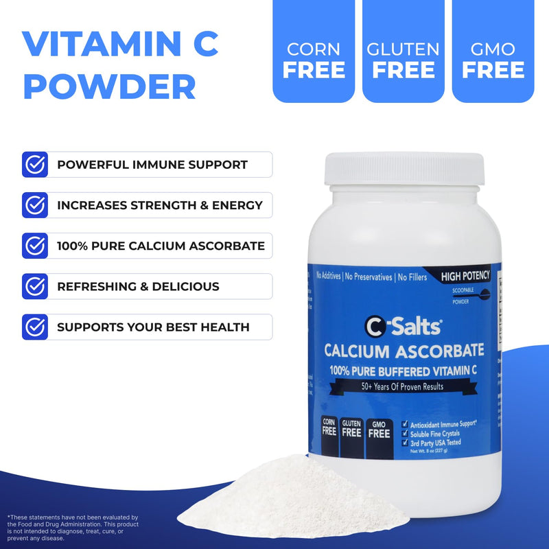 C-Salts Pure Calcium Ascorbate Vitamin C Powder (8 oz) 8 Ounce (Pack of 1)