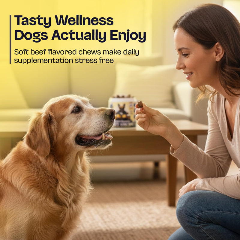 Multivitamin Soft Chews for Dogs | Beef Flavour | Daily Hip & Joint, Skin & Coat, Gut Health Support with Glucosamine, Probiotics, Vitamins & Omega-3 | All-in-One Supplement.