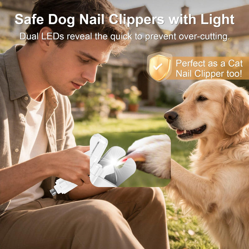 SZMDLX Dog Nail Clippers with Light, 2-in-1 Dog and Cat Nail Clipper with Grinder, Quiet Pet Nail Trimmer for Small Medium Large Dogs and Cats, USB Rechargeable White