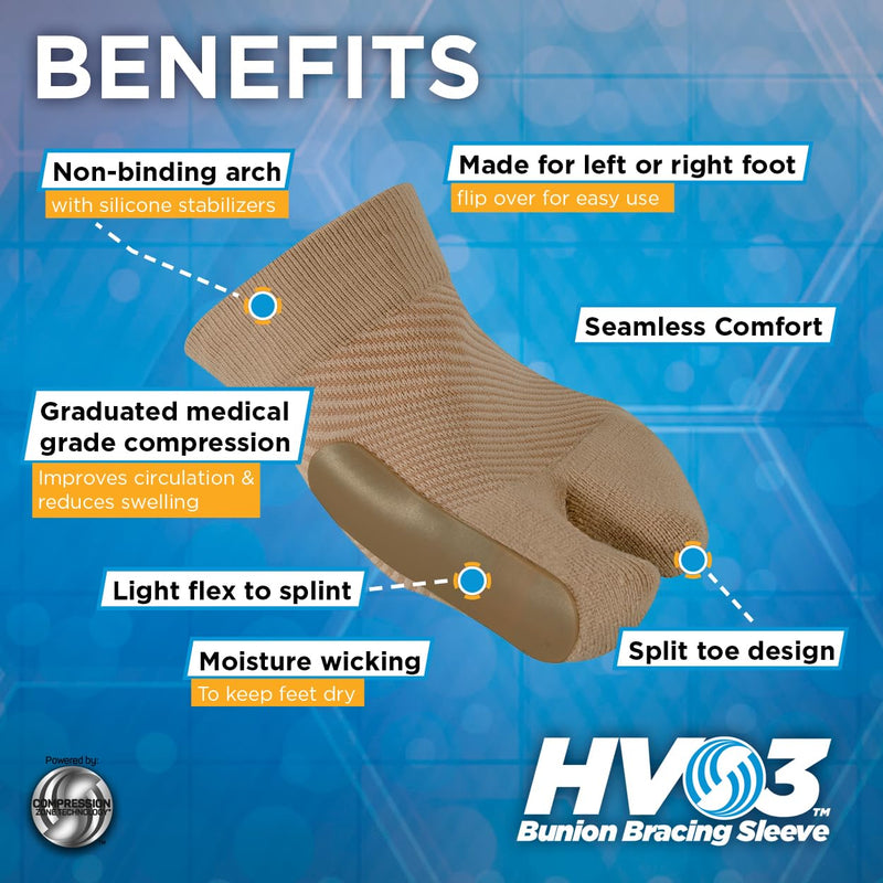 OrthoSleeve HV3 Bunion Brace/Splint (One Sleeve) for Foot Bunion Pain/Hallux Valgus Relief and Split-Toe Design to Help straighten Toes L/XL - BeesActive Australia