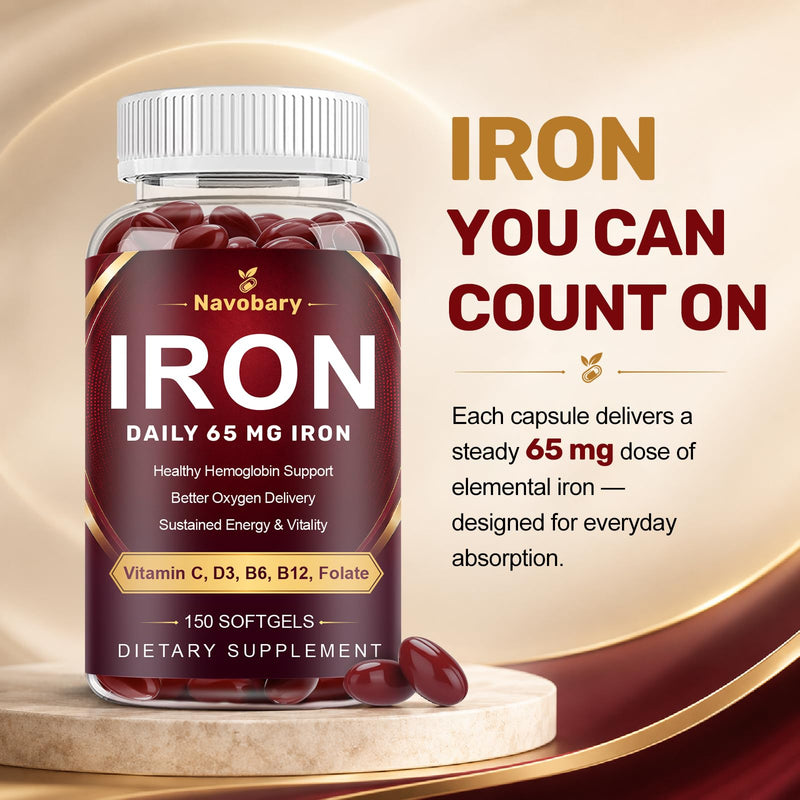 Iron 65mg 8-in-1 Multivitamin with B-Complex, B12 & Folate - 150 Softgels | Multivitamin with iron 65mg + B-Complex, Vitamin C, D3, E & Folate for blood & energy*. 2 daily, 75 day supply 150 Count (Pack of 1)