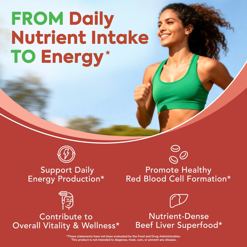 Grass-Fed & Pasture-Raised Beef Liver Plus, 3000 mg, Vitamin B6, B9, B12, Iron, No Hormone, Non-GMO, Non-Defatted, Freeze-Dried Liver Health Supplement, 180 Caps