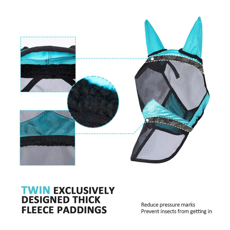 Harrison Howard Pro Luminous Horse Full Face Fly Mask Large Eye Space Long Nose with Ears UV Protection for Horse Teal L - BeesActive Australia