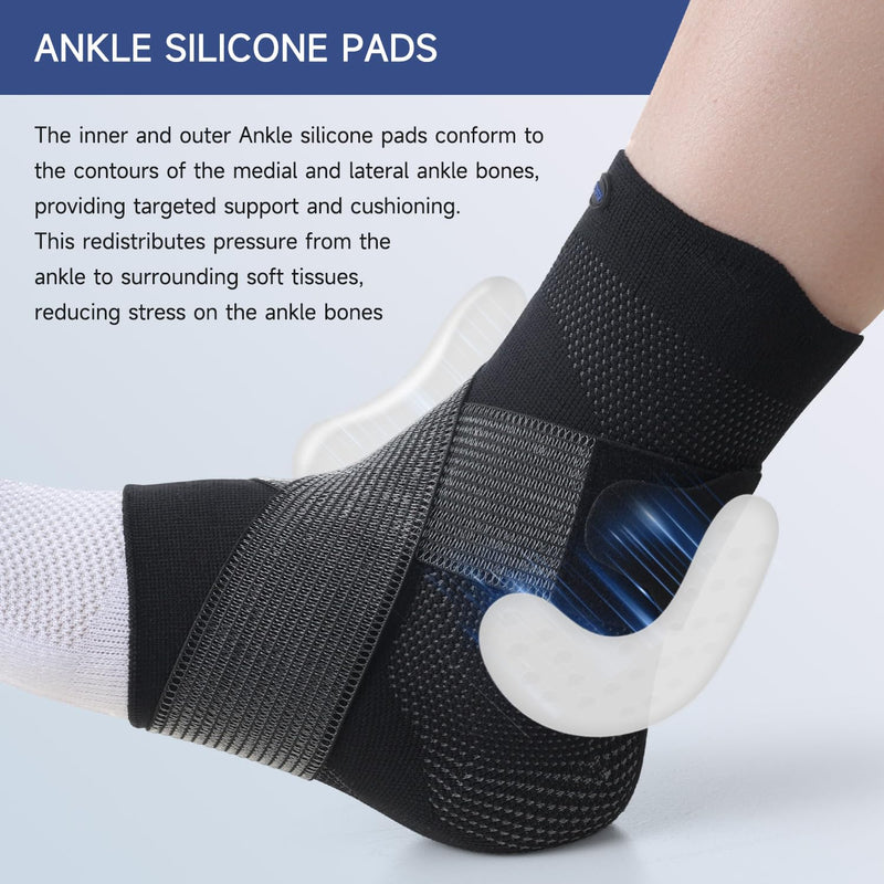 Hocafer Ankle Brace for Women ＆ Men, Ankle Compression Sleeve with Ankle Silicone Pad, Ankle Support for Plantar Fasciitis, Arthritis(Black, M, Right) Right, M Black