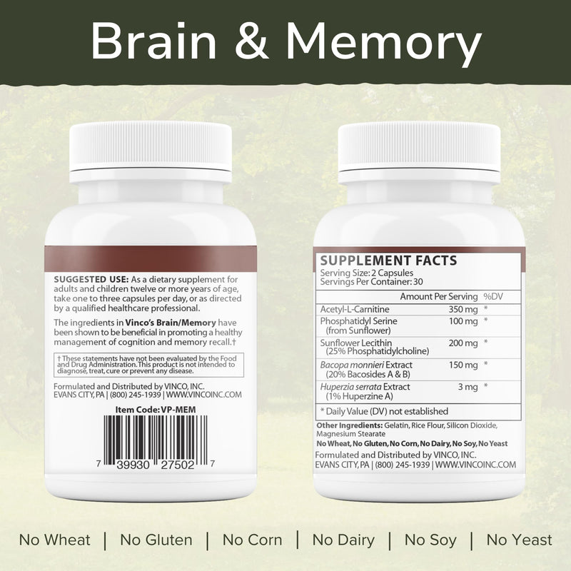 Vinco Inc - Brain & Memory Cognitive Support Daily Supplement | (60 Capsules) | Supports Focus, Memory & Processing | Made w/Amino Acids & Herbal Extracts | Gluten Free