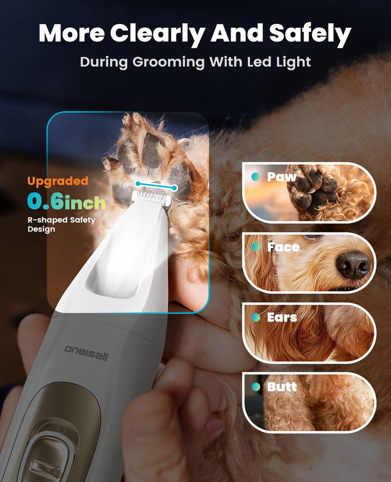 oneisall Quiet Dog Grooming Kit 4 in 1, LED Light Dog Nail Grinder, 2000mAh Pet Grooming Clippers Paw Trimmer for Paw, Nail, Face, Ears, Legs, Body with Storage Bag Gold - BeesActive Australia
