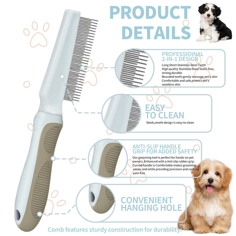 Ropo Pet Grooming Comb for Dogs and Cats, Flea Comb, Long Handled Pet Comb 2 in 1 Long and Short Stainless Steel Metal Teeth for Tangle and Knot Removal - Detangling Brush - BeesActive Australia