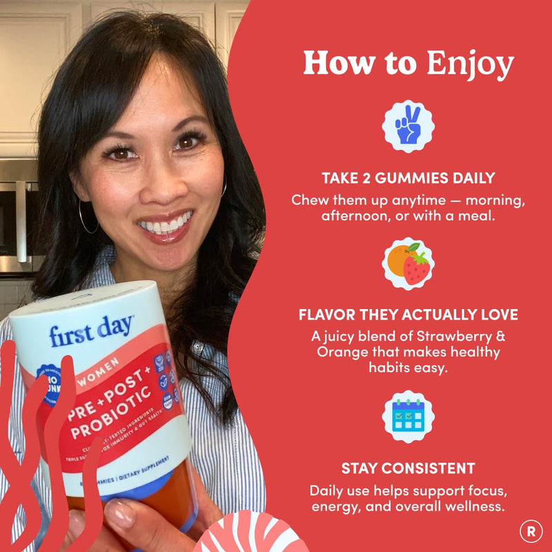FIRST DAY Probiotic Gummies for Women, 3-in-1 Prebiotic + Postbiotic, 60ct | Vegan women probiotic gummies with kiwi and 4B CFU; 3-in-1 blend for digestive, oral and vaginal health, 30-day supply. 60 gummies - Bottle