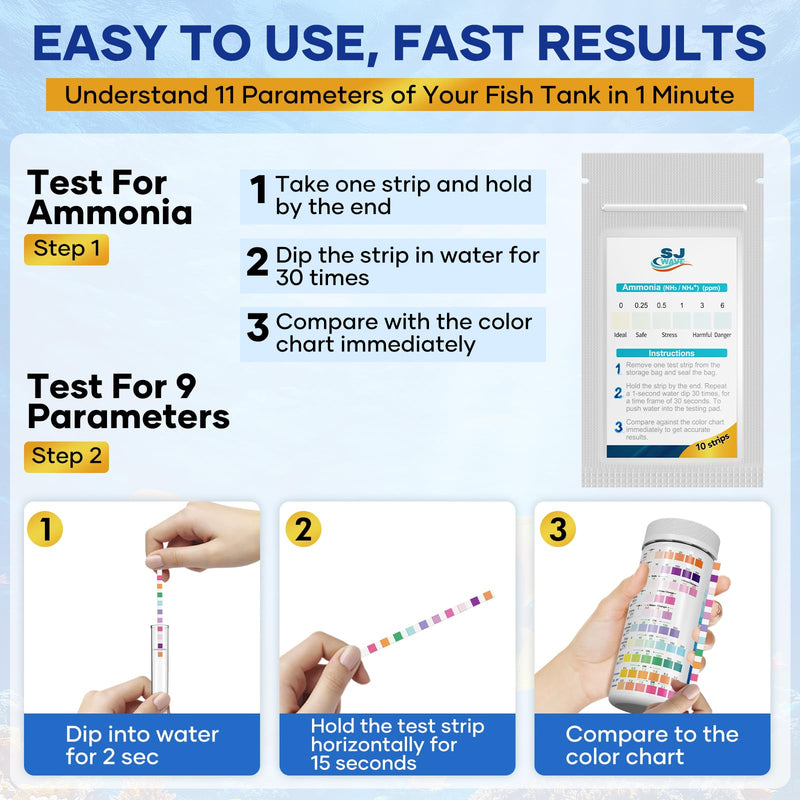 11 in 1 - Aquarium Test Strips | 950 Tests - 150 Strips | Fish Tank Aquariums Water Test Kit & ebook | Aquarium Thermometer | Fish Tank Water Testing Kit Includes 50 Ammonia Strips | Versatile Usage 11