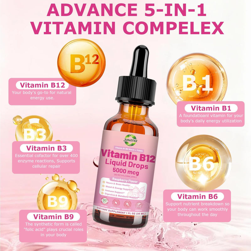 2Pack Liquid Vitamin B12 Drops 5000 mcg Extra Strength B12 Methylcobalamin | with B1 B6 B3 Folate Niacin -Fast Absorption Sublingual B-12 Drops for Energy Metabolism & Brain Function, Vegan B Complex Raspberry 1 Fl Oz (Pack of 2)