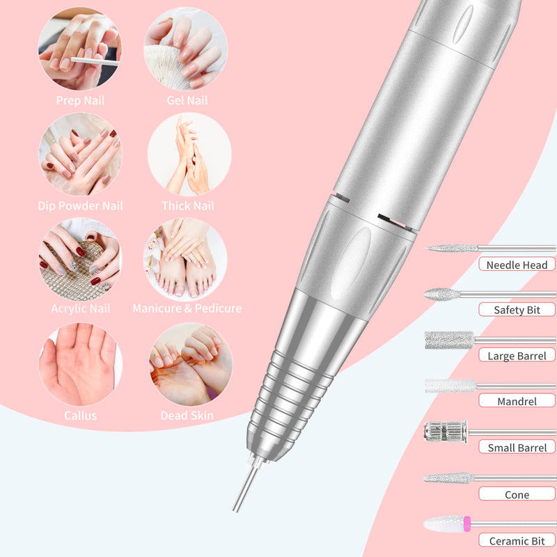 MOCOWIND Portable Nail Drill Professional 35000 RPM, Rechargeable Electric Nail File Machine Cordless E-File for Acrylic Gel Polishing Removing with Bits Kit for Manicure Salon Home, Pink - BeesActive Australia