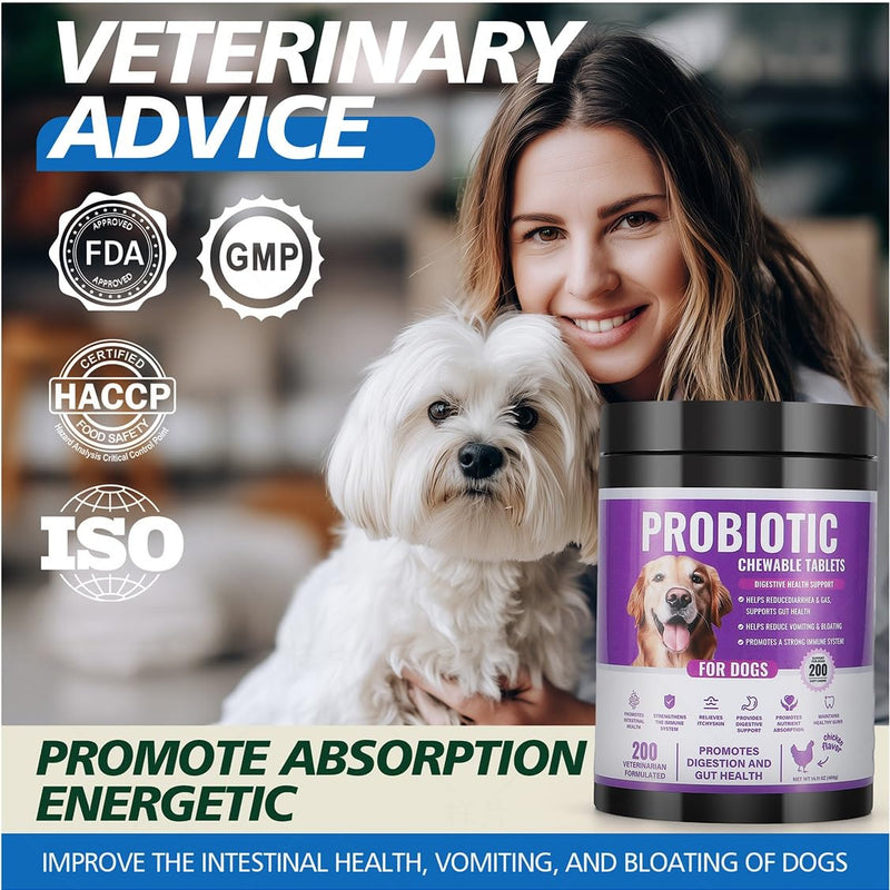 Probiotics for Dogs Gut Health, Digestion, Immunity, Relieve Diarrhea, Dog Probiotics Chews with Digestive Enzymes and Prebiotics, 200 Tablets (Chicken) Chicken