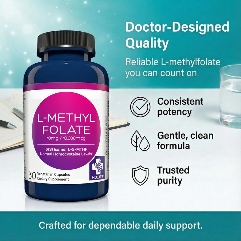 MD. Life L-Methylfolate 10 mg, Professional Grade, 30 Capsules, 5-MTHF | Active L-Methylfolate Supplement with Essential Amino Acids - Maximum Potency MTHFR Support - Doctor Designed, Made in USA 1 Count (Pack of 30)