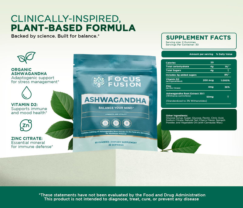Focus Fusion Ashwagandha Gummies with Vitamin D2 & Zinc – Extra Strength Stress Relief, Mood & Focus Support – Calm Energy & Immune Boost – Vegan, Non-GMO, Fruity Mix Berry Flavors (60 Count)