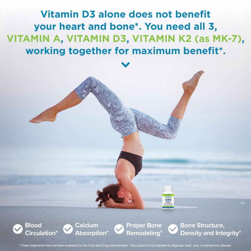 Power By Naturals ADK Vitamin Supplement - Vitamins A, D3 & K2 MK-7 | Vitamins D3 5000 IU & K2 MK-7 for Bone Health & Immune Support - Calcium Absorption - Gluten-Free, Soy-Free - 60ct (2-Month) 1