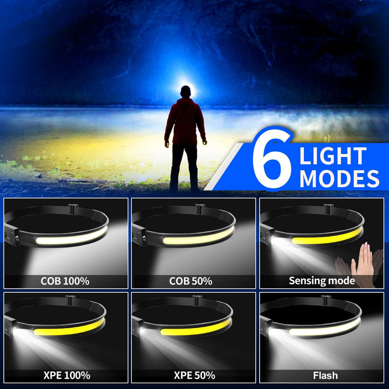 Headlamp Rechargeable 6 Pack, 230° Wide Beam LED Headlamp with 2 Spotlights, Motion Sensor, 5Mode LED Headlamp, Head Lights for Forehead, Headlamps for Adults Running Hard Hat