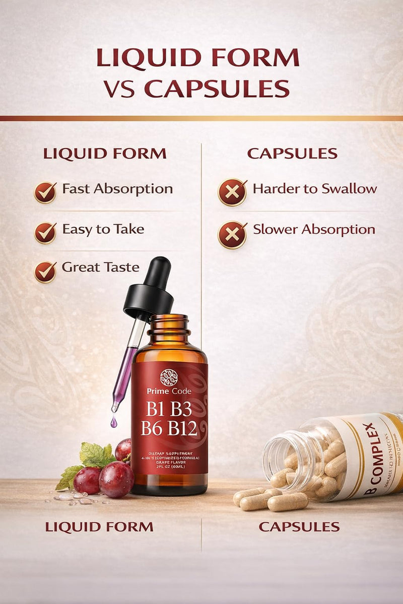 Prime Code Liquid Vitamin B1 Drops with Vitamin B3 B6 & B12 | B Complex Liquid Supplement | Thiamine Supplement for Adults | High Absorption | Immune Support | Non-GMO | Gluten-Free