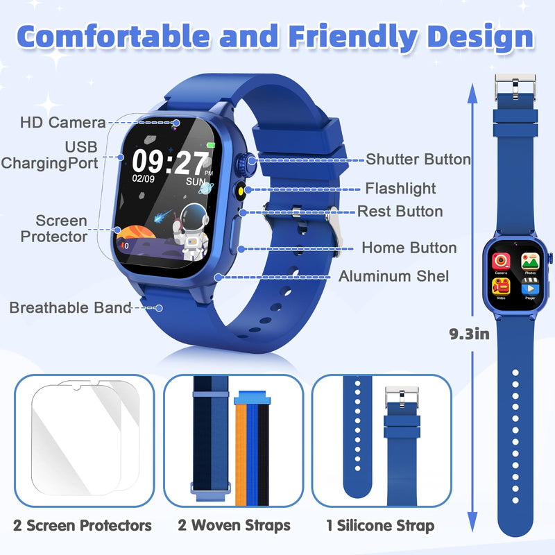 Smart Watch for Kids with 40 Games Video Camera Music Pedometer Flashlight Alarms 12/24 hr HD Touch Screen Kids Watch 2 Extra Bands Birthday Gift for Boys Girls Ages 4-12 Years Old(Blue) BLUE - BeesActive Australia