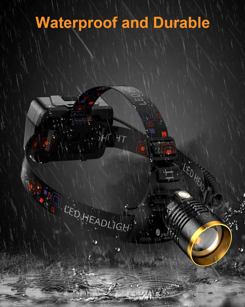 SKYFIRE Headlamp Rechargeable 3000 High Lumens, 13 Mode LED 7500mAh Head Light with Motion Sensor, Zoomable 90° Adjustable Waterproof Head Light for Adults, Camping, Hiking, Fishing, Running, Cycling Black and Gold